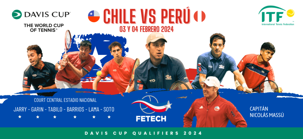 Equipo chileno de tenis junto a su capitán Nicolás Massú preparados para la Copa Davis 2024.
